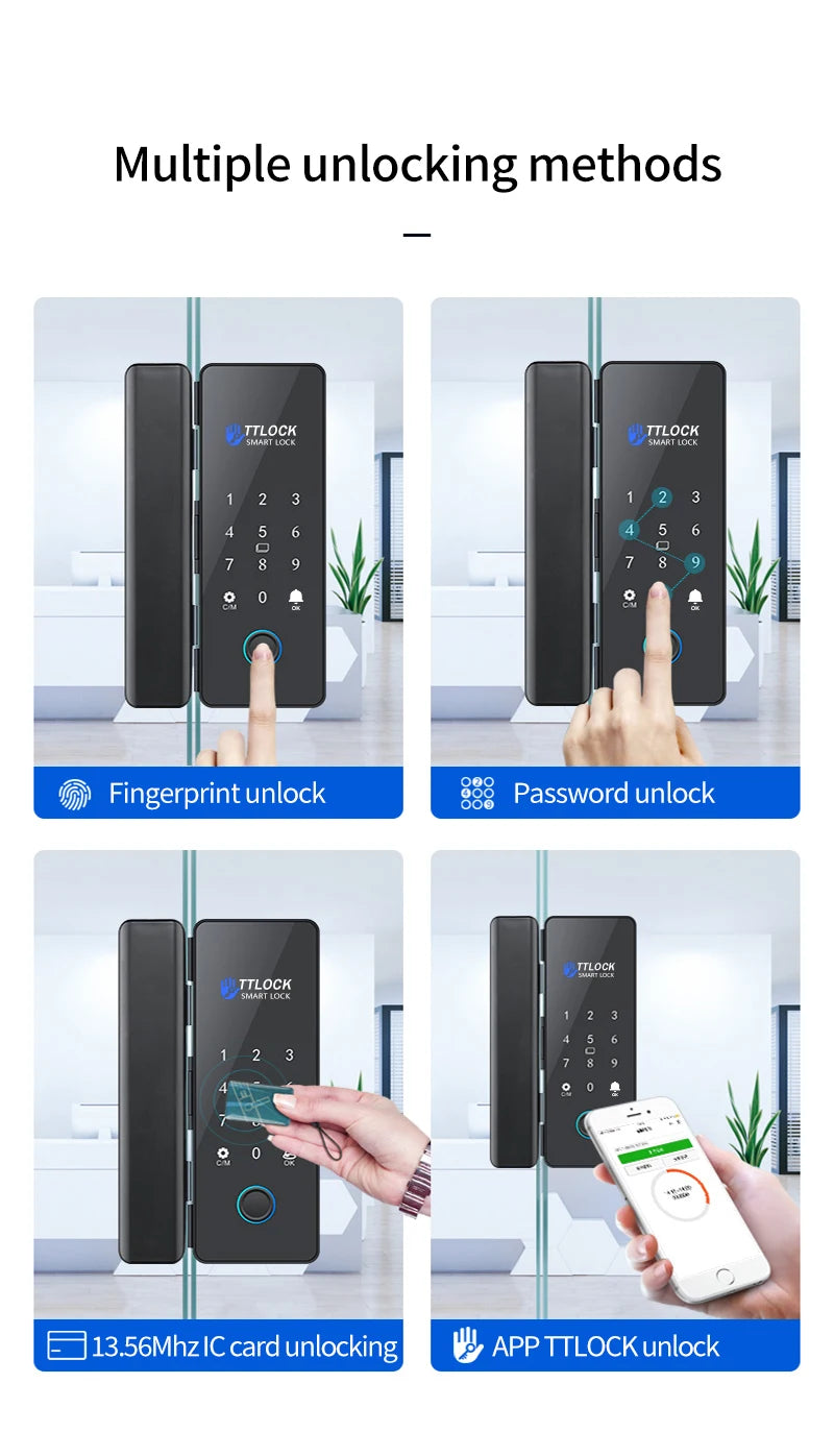 Bluetooth TTLOCK APP Unlock Control Smart Glass Door Lock Electronic Biometric Fingerprint Electric Lock Password 13.56Mhz RFID