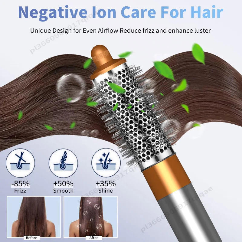 6-in-1 ionic hairdryer brush, gold and silver high-speed styling tool for frizz-free, smooth, shiny hair.