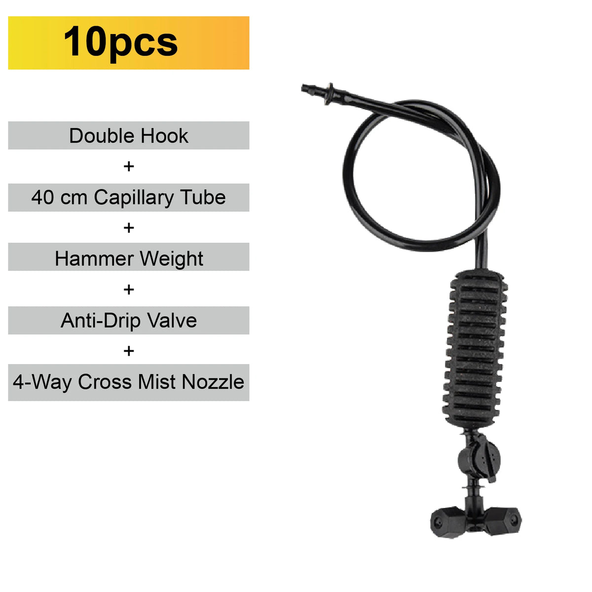Inverted 4-way cross mist nozzle with capillary tube and hanging weight