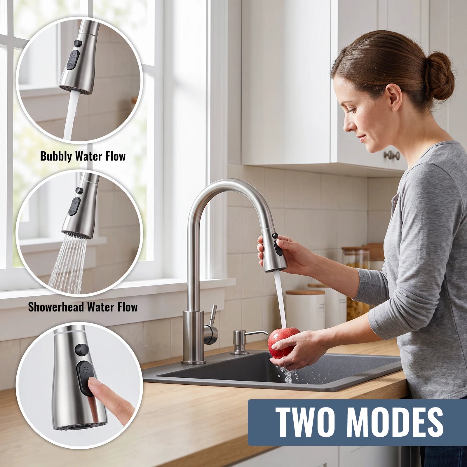 Stainless Steel Faucet Kitchen Faucet Sink Faucet with Pull Down Sprayer Hot and Cold Dual Control Bar Sink Faucet Rotation Faucet Showerhead and Bubble Water Flow
