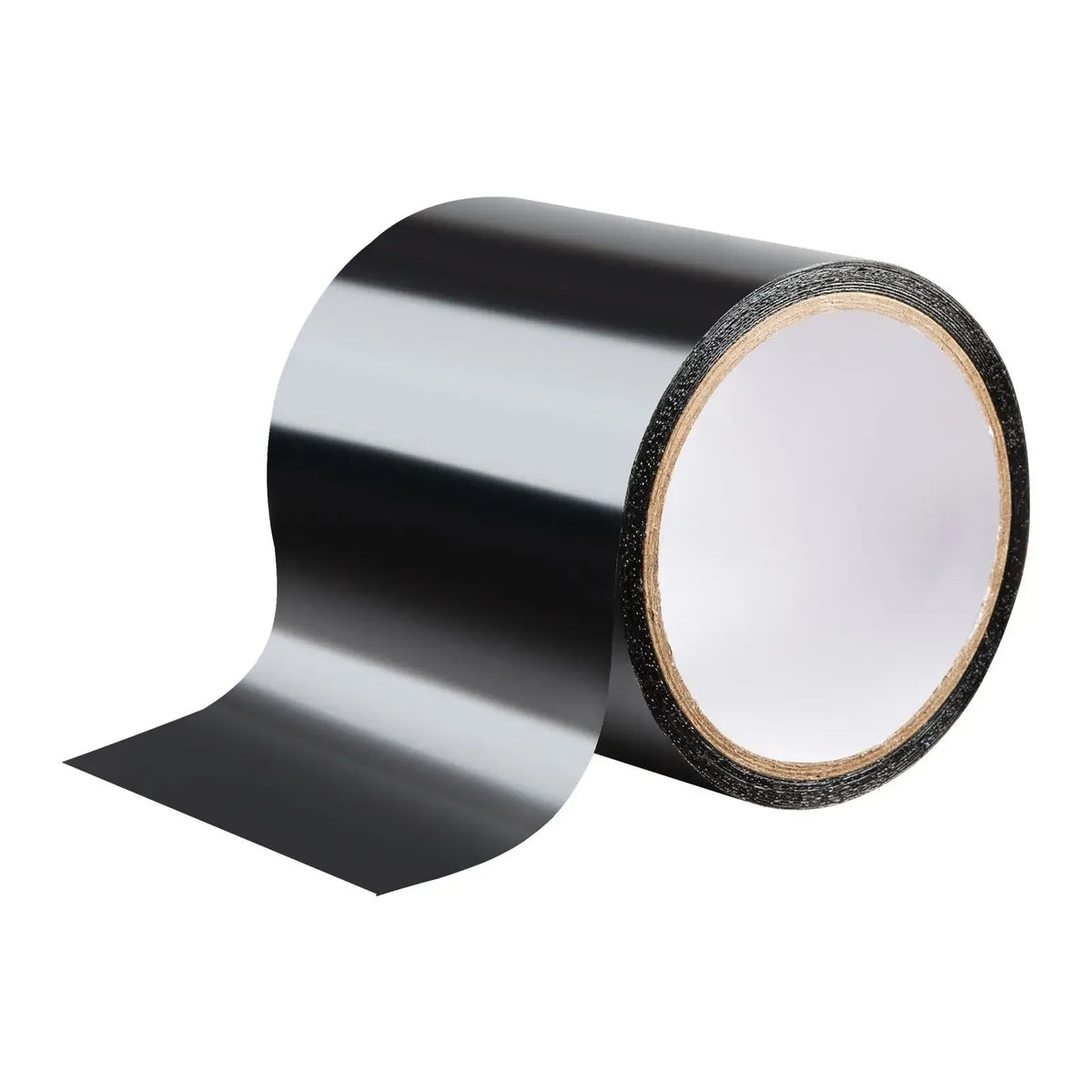 Waterproof patch seal tape roll with cut strip, black tape and release liner shown
