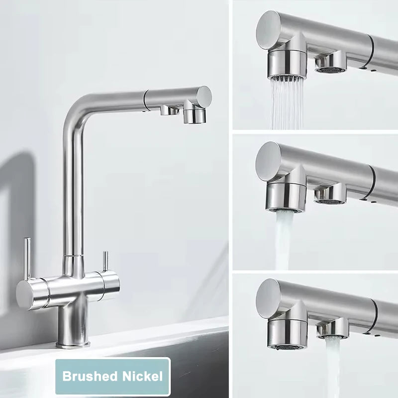 Black Water Purifier Kitchen Faucet 2 In 1 Pull Out Flexible Hot and Cold Water Mixer Tap with Filter Nozzle Faucets
