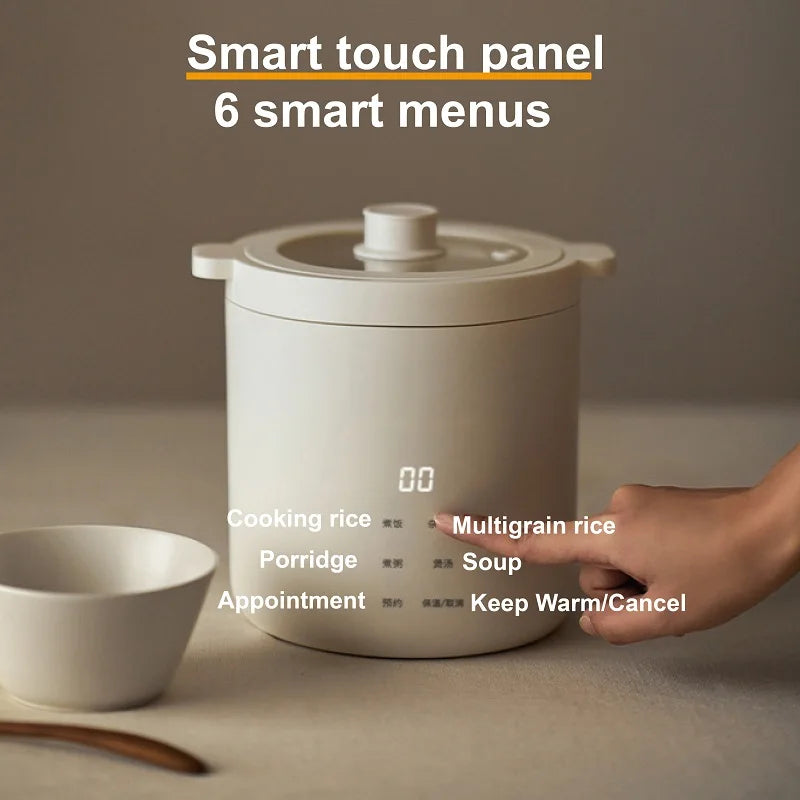 White 1.2L multi-function rice cooker with touch panel and display lights