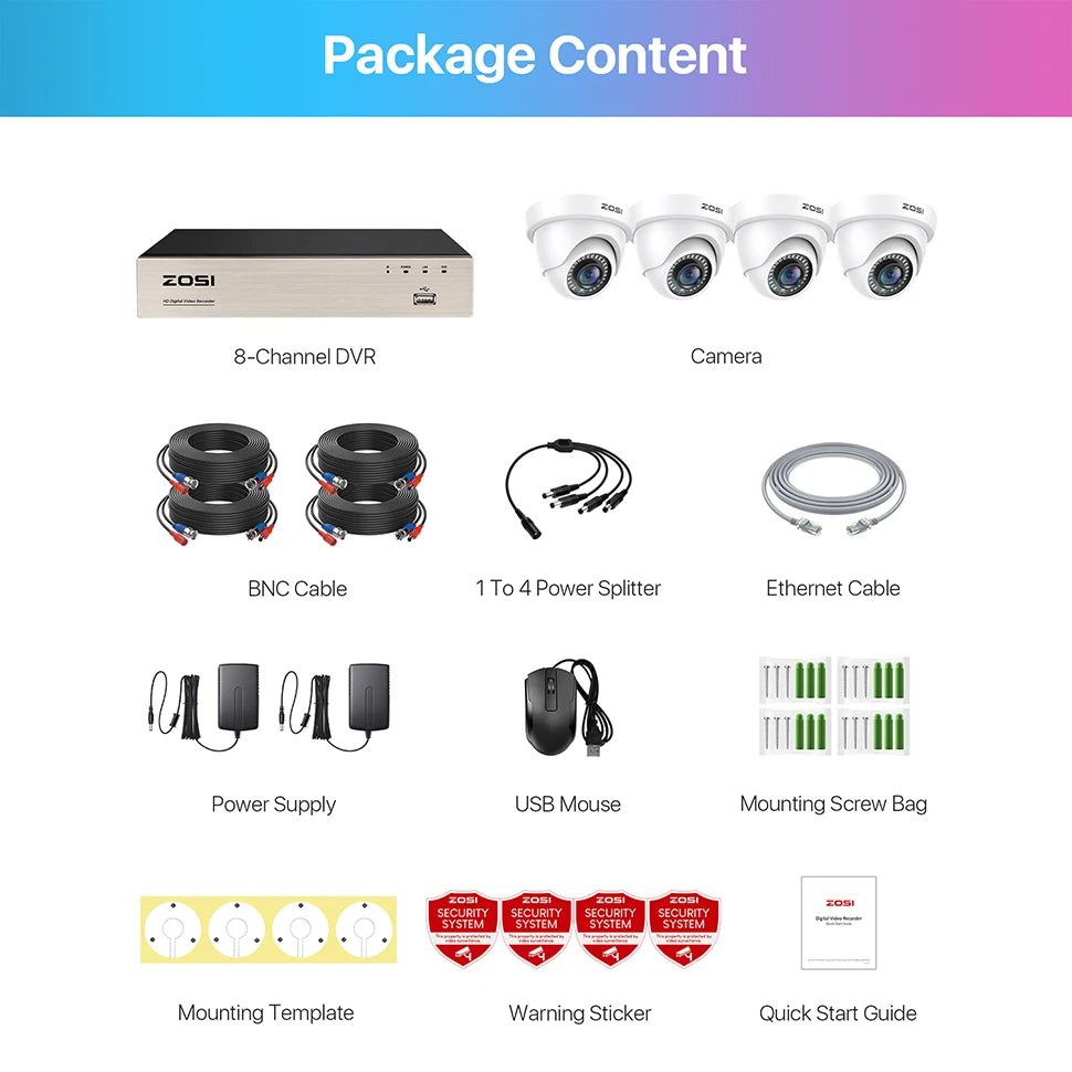 ZOSI 8CH 1080P Wired Security Camera System H.265+ 8CH 5MP Lite HD CCTV DVR Recorder 2MP Indoor/Outdoor Dome Surveillance Camera