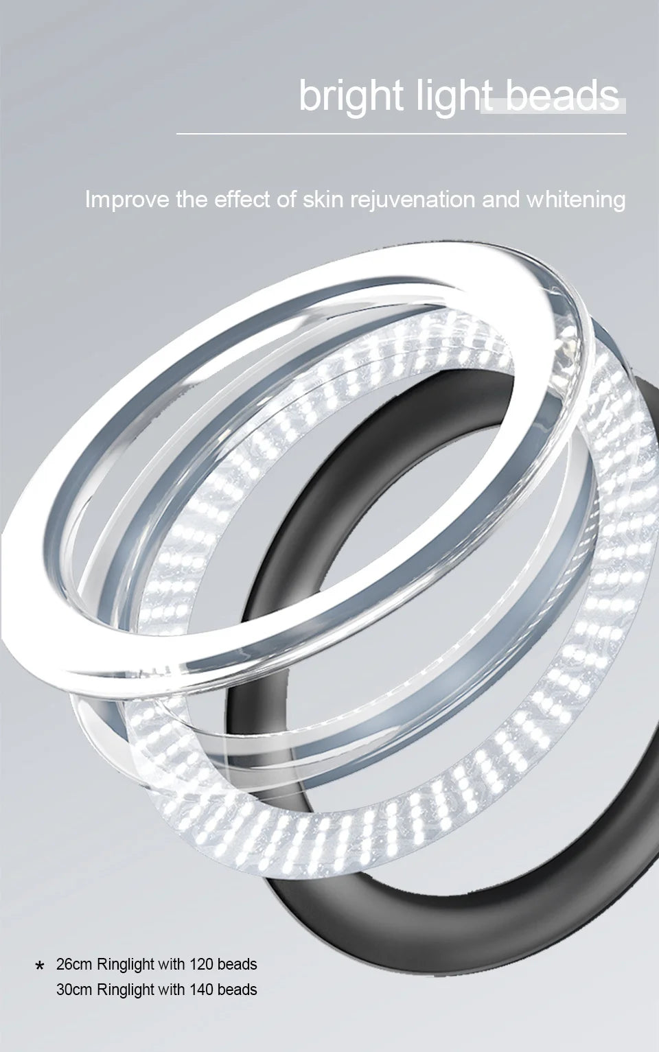 Circular LED ring light for photography and videography, featuring layered white light beads in 26cm and 30cm sizes.