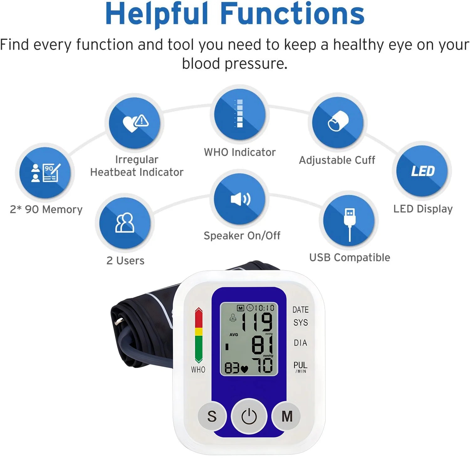 Portable Arm Blood Pressure Monitor BP Automatic Professional Medical Tonometer Digital Tensiometer Heart Rate Monitor White