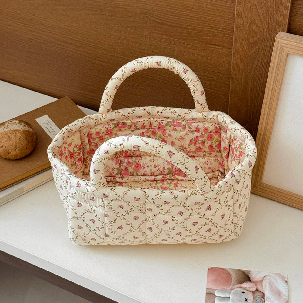 Airfriend Cute Pink Flower Organizers Basket With Handle Home Room Quilted Foldable Storage Basket For Pet Toys Organizer Basket