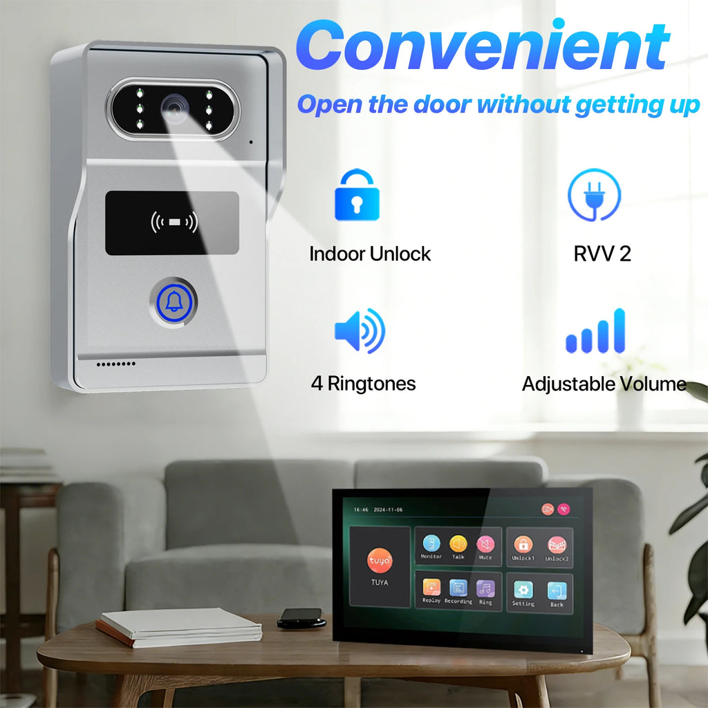 Tuya 7' Touch Screen Smart Video Doorbell System 2-Wire Remote RFID Unlock Night Vision Home Intercom Kit for Villa