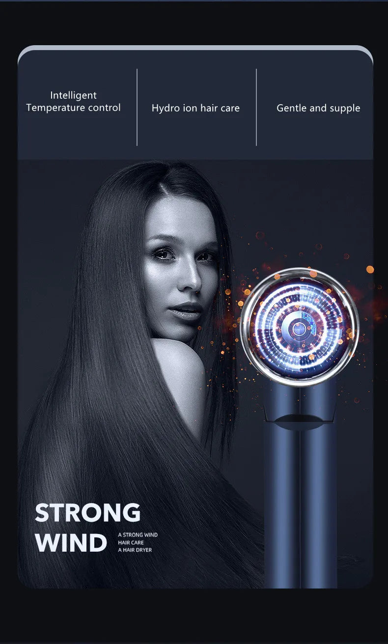 Blue foldable hair dryer with negative ion tech and temperature control for fast, gentle drying and healthy hair.