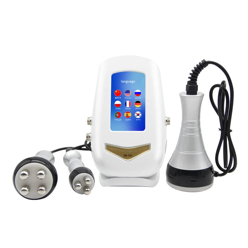 LW-101 cavitation slimming system with white base, touchscreen, and three silver, black, and metal applicator heads.