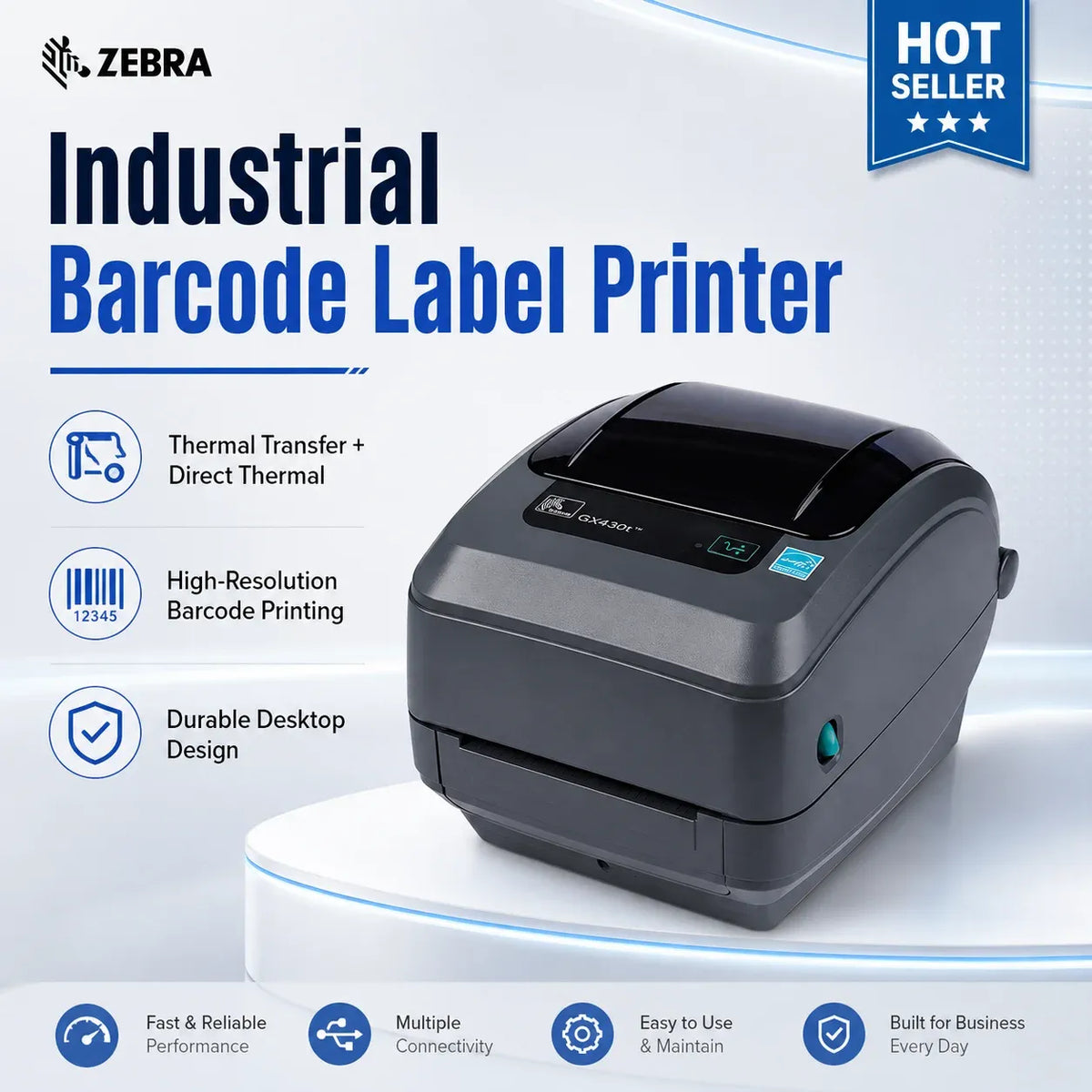 Zebra GX430T desktop thermal label printer with front panel and status display