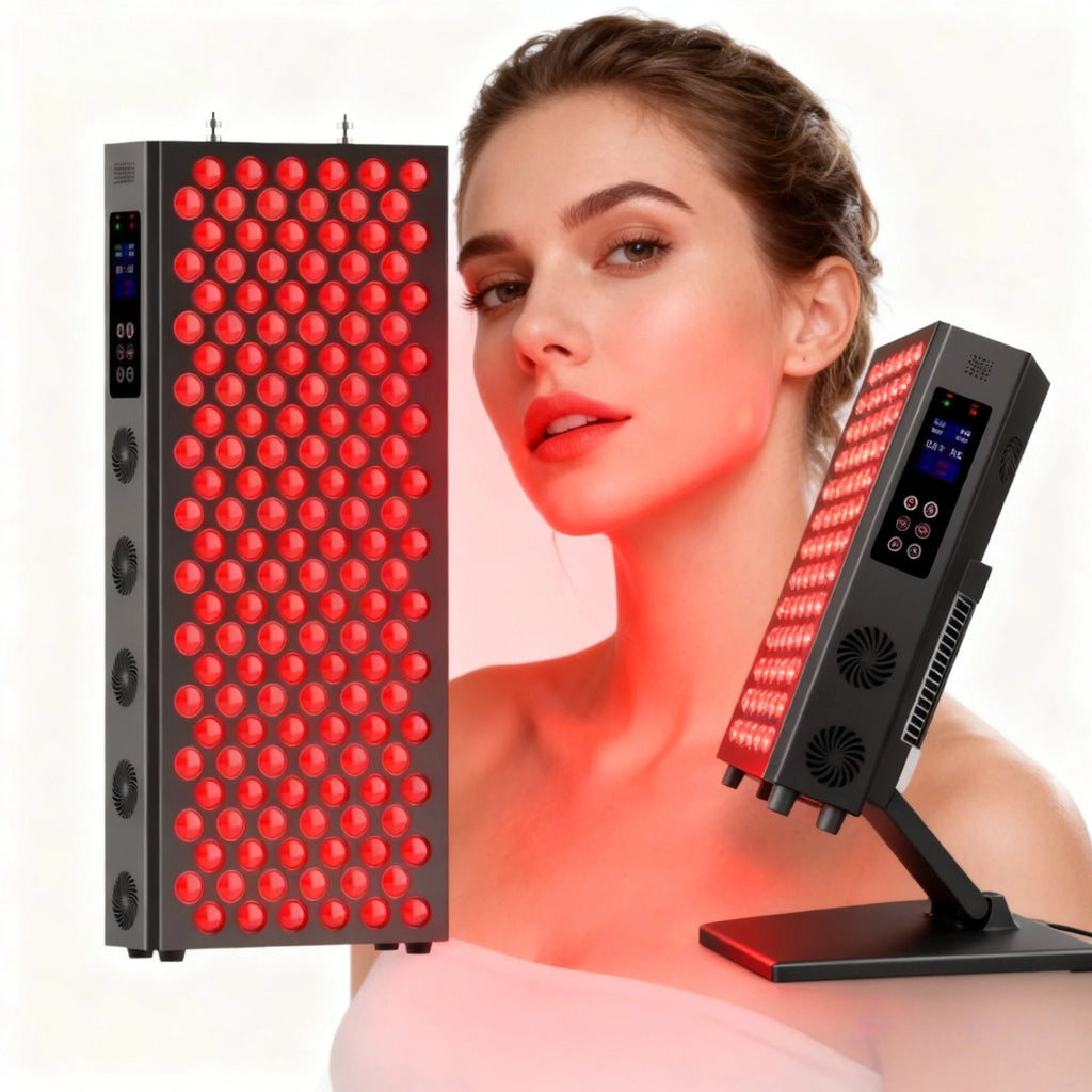 Red light therapy panel with LED for anti-aging and pain relief, featuring dual devices for face and body treatment.