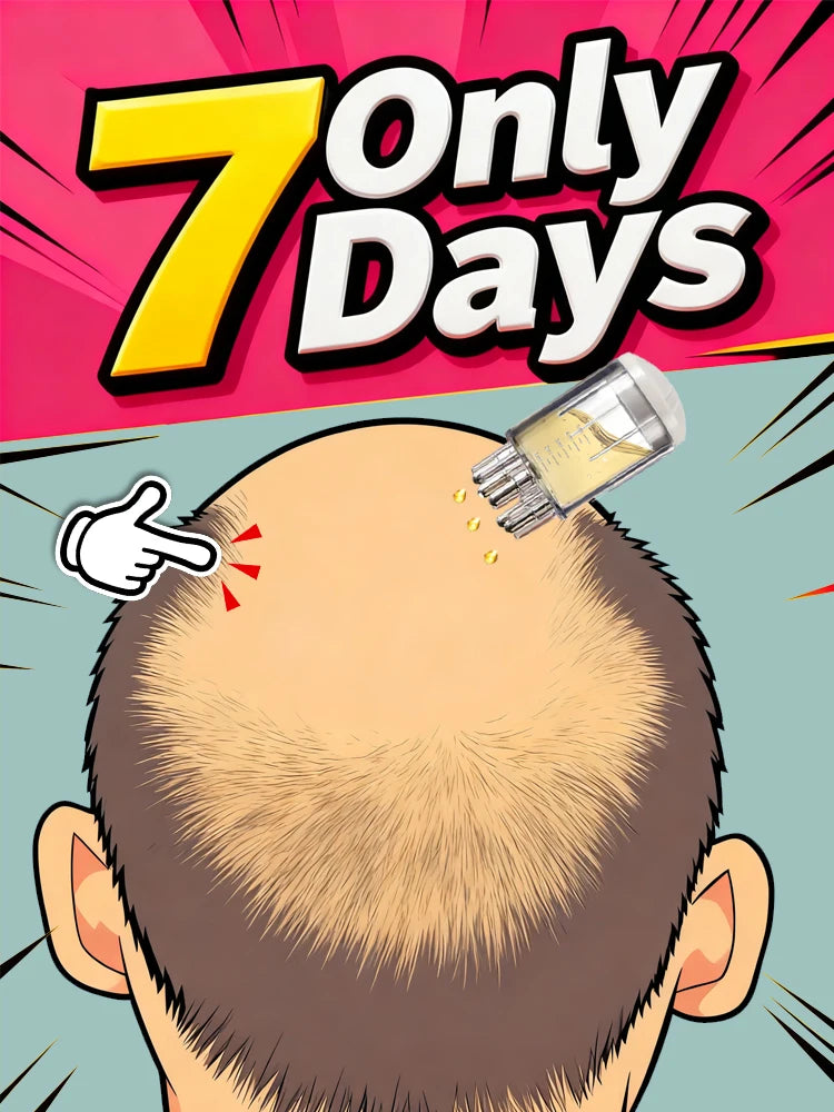 Scalp massage applicator tool with liquid serum dispensing onto thinning hair for hair growth and root health treatment.