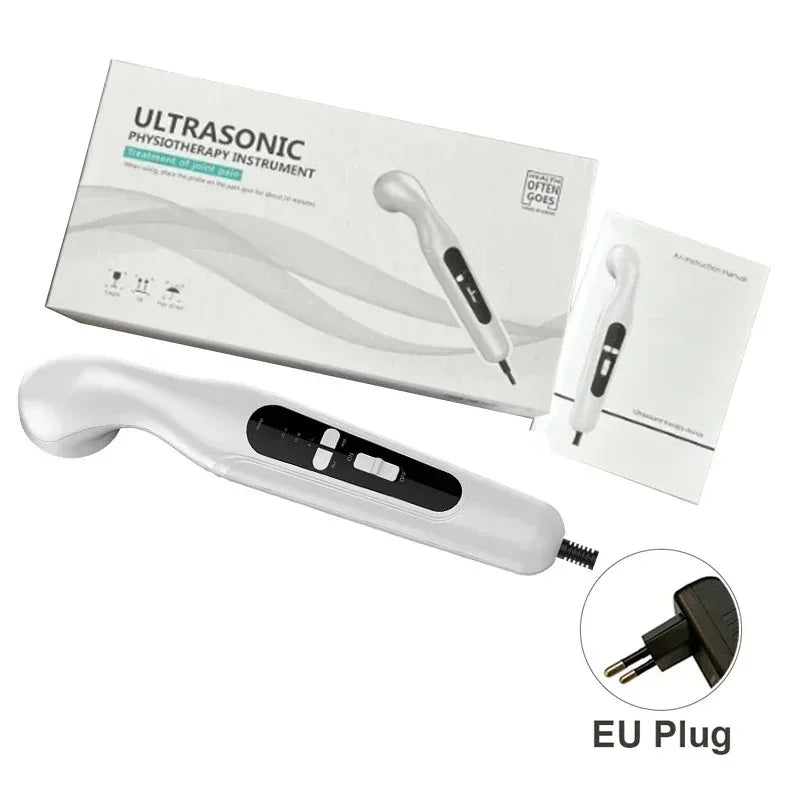 White handheld ultrasonic physiotherapy massager for muscle pain relief, with retail box, manual, and EU power plug.