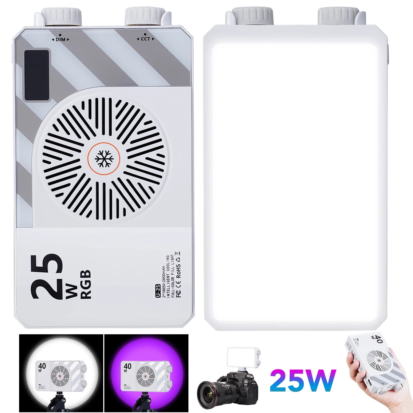 White portable 25W RGB LED video light panel with a built-in circular cooling fan and top brightness/color dials.