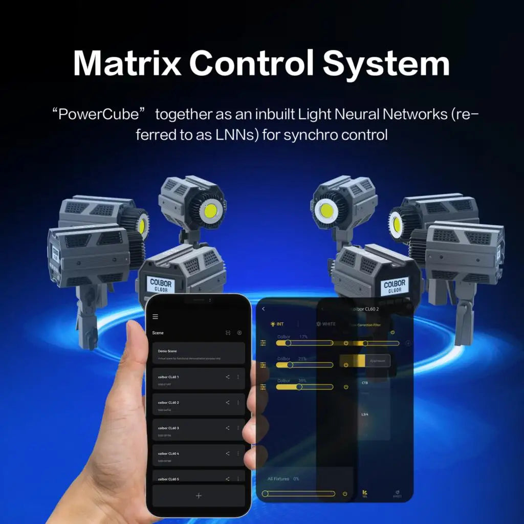 Six gray COLBOR CL60 LED video lights arranged in a circle, controlled by a smartphone app for synced lighting.