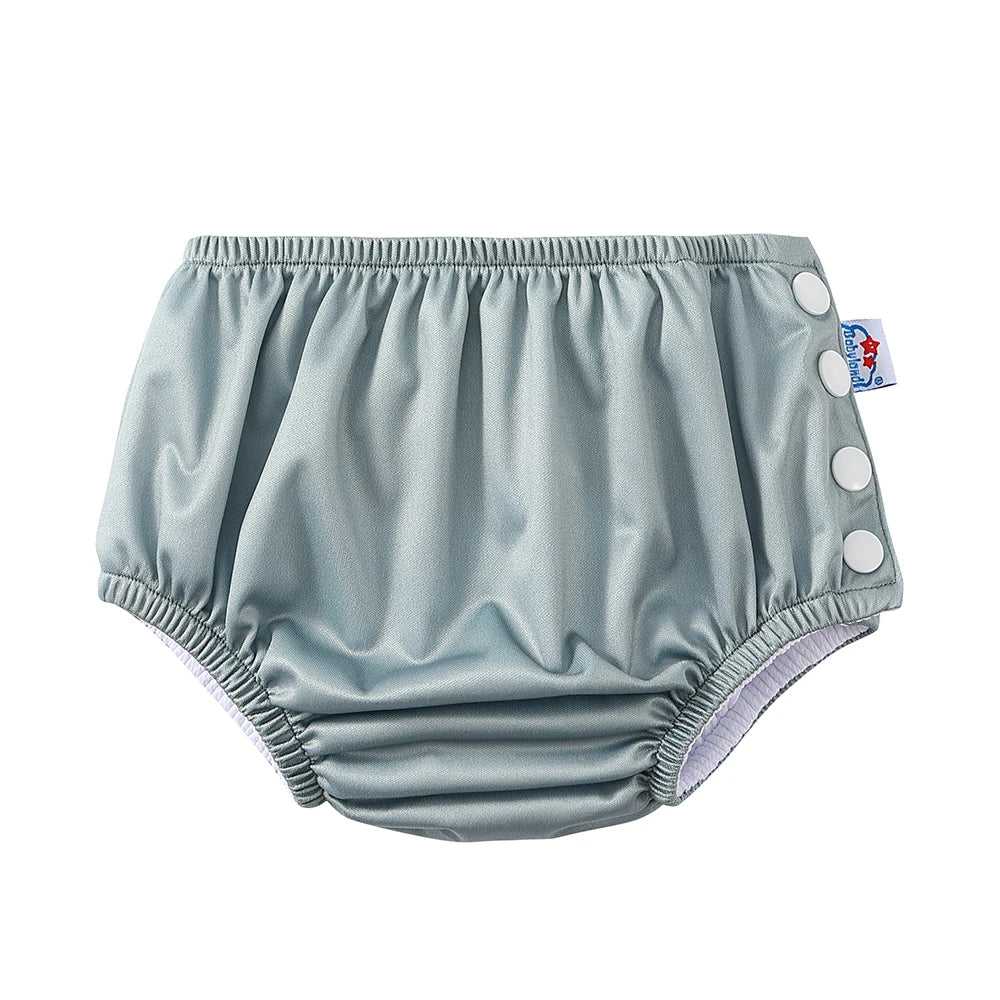 Babyland grey reusable cloth baby diaper with side snap buttons for adjustable fit.