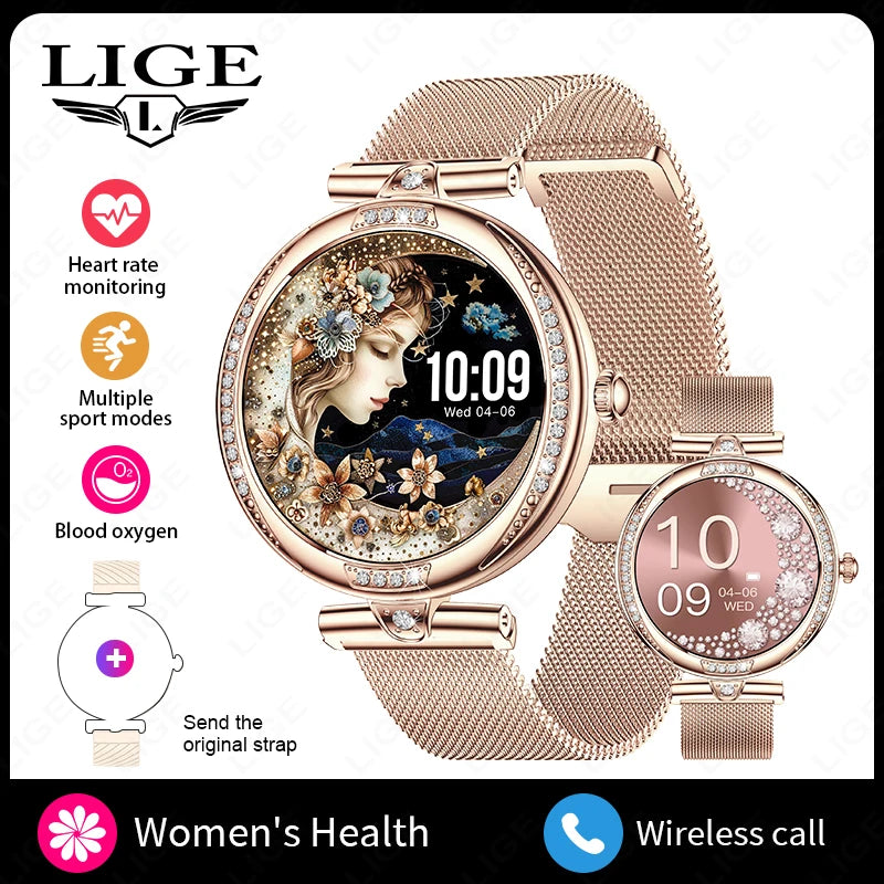 Rose-gold women’s smartwatch with mesh metal band, sparkling dial and starry scene.