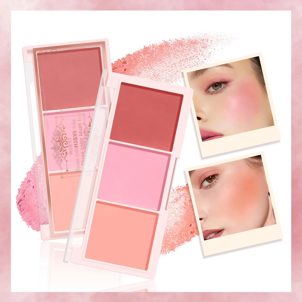 Tidesmit HISYI three-color matte blush palette showing detailed texture and natural pigment for clear makeup looks