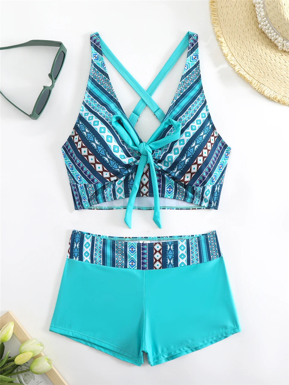 Tidesmit turquoise patterned high-waist bikini with a tie-front, cross-back crop top and solid bottom boy shorts.