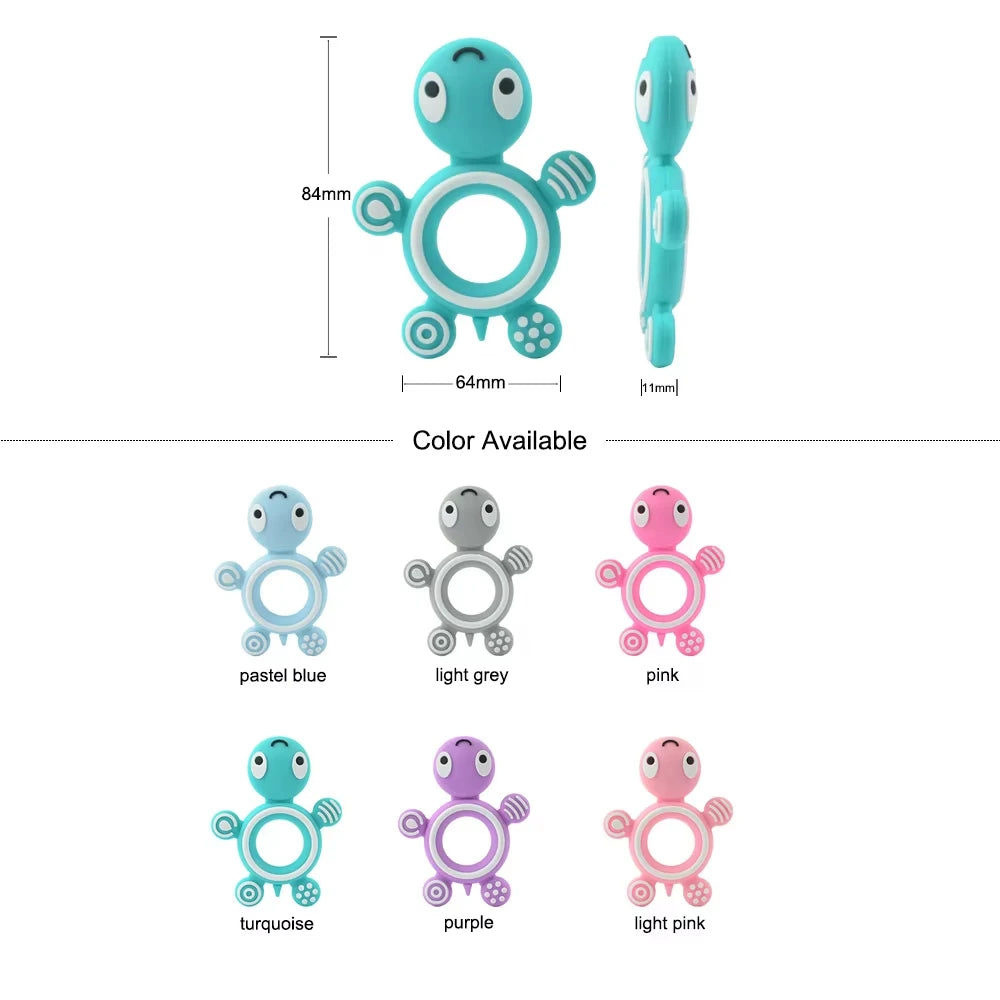 Multi-colored silicone turtle baby teething ring toy for infant pain relief.
