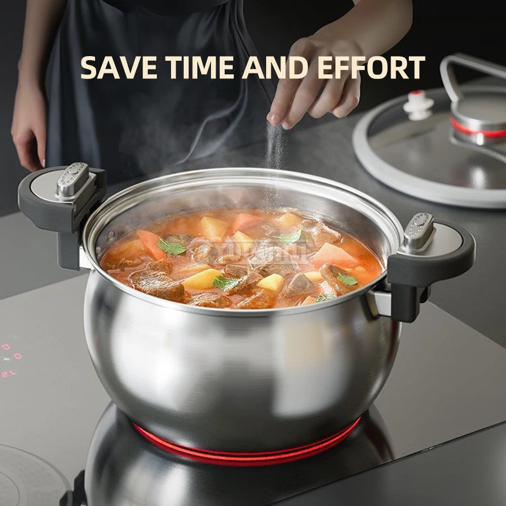 Stainless steel pressure cooker with lid, steaming contents, and red heating ring