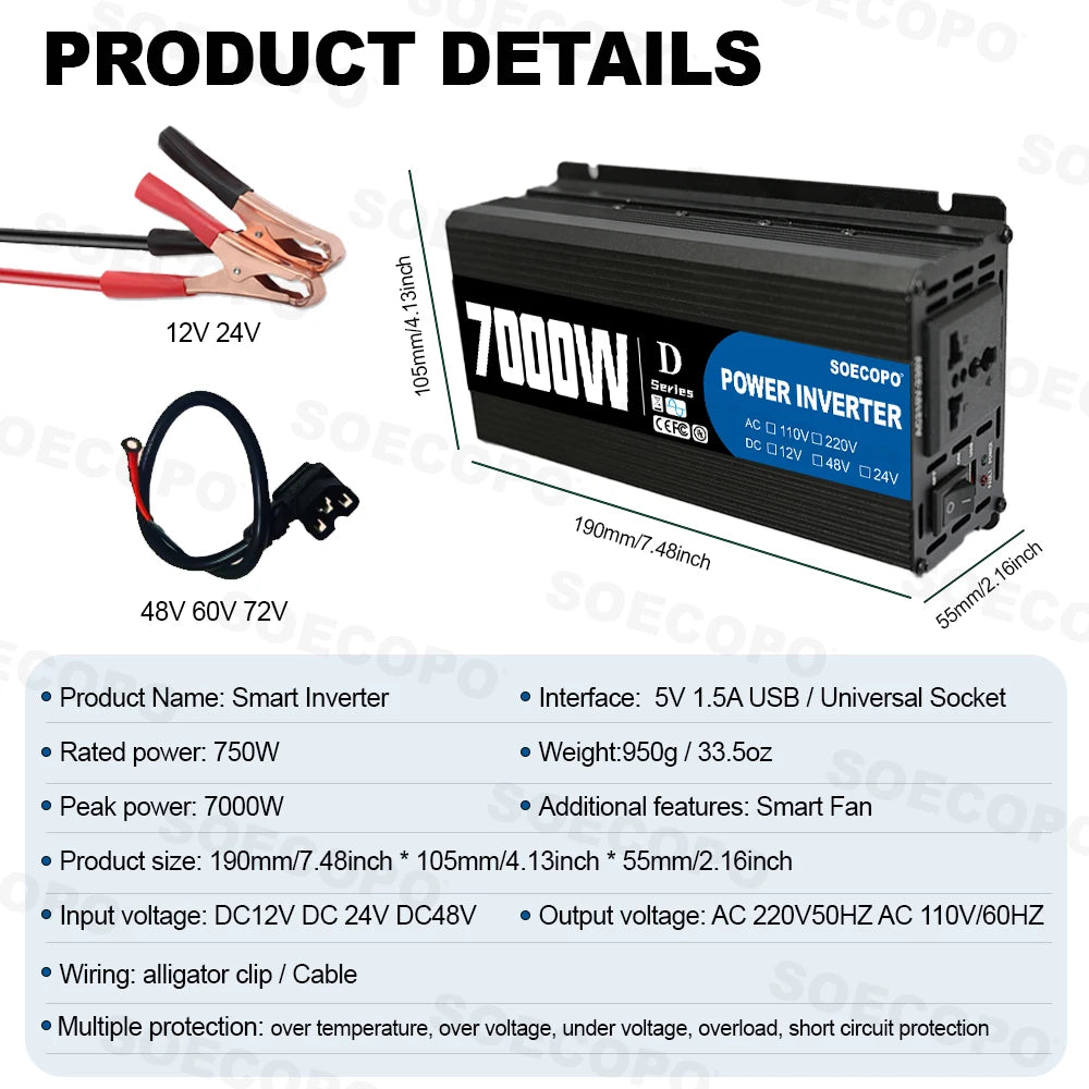 SOECOPO 7000W Peak Solar System Kit 2x800W Panels 100A Controller DC 12V To AC 110V 220V Inverter Generator for Home Camping