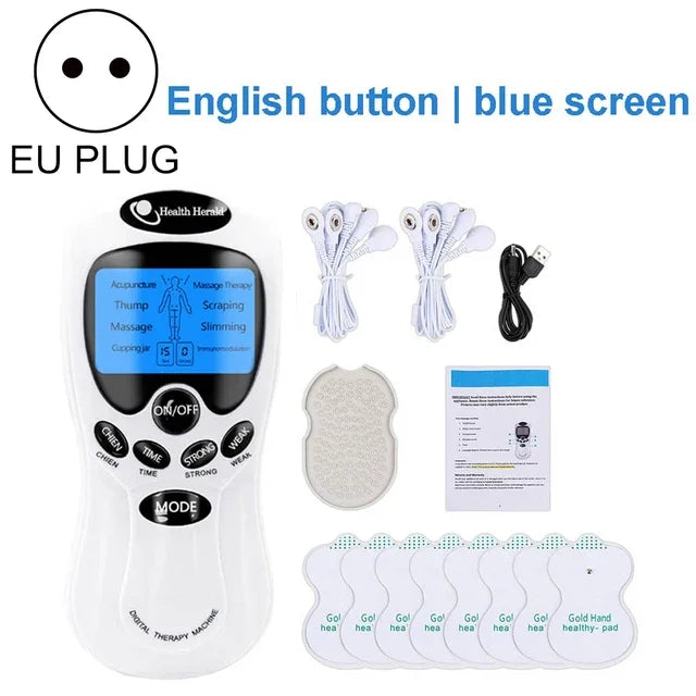 Digital therapy machine with white handheld unit, blue display, cables, and adhesive pads for muscle relief therapy.