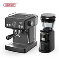 HiBREW black espresso machine and conical burr coffee grinder set with digital display and pressure gauge.