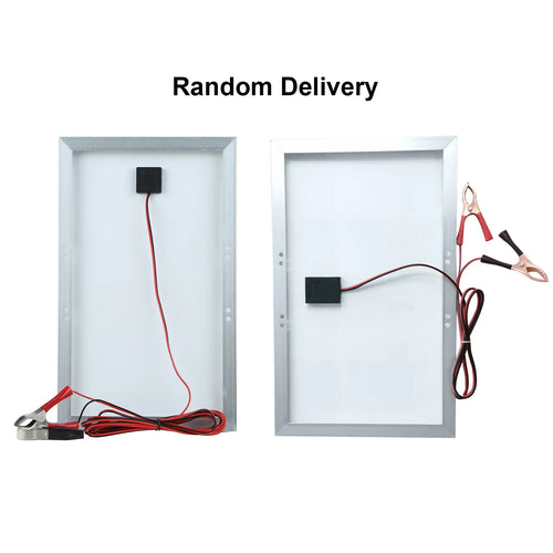Two rectangular solar panels with silver frames, white backs, and red and black alligator clip cables.