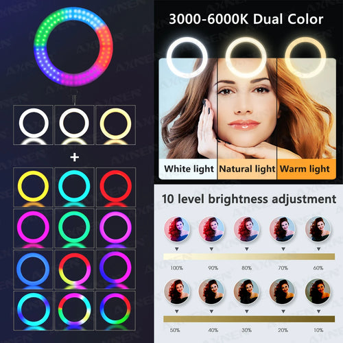LED ring light with adjustable color temperatures and multi-colored RGB modes, featuring 10 brightness levels.