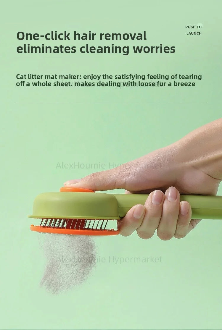 Green one-click self-cleaning cat grooming brush removing loose pet hair for dogs and kittens.