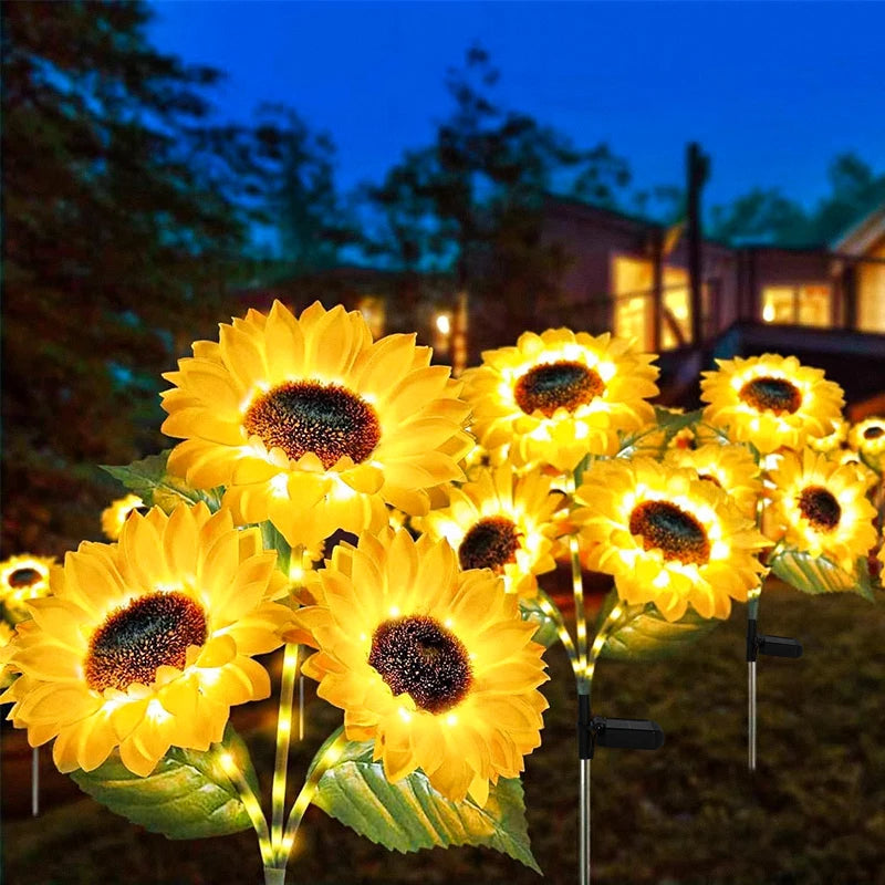 2/4 PCS Solar Powered Sunflower Light 3 Head Outdoor Waterproof LED Ground Insert Lawn Lamp For Garden Lawn Courtyard Decoration