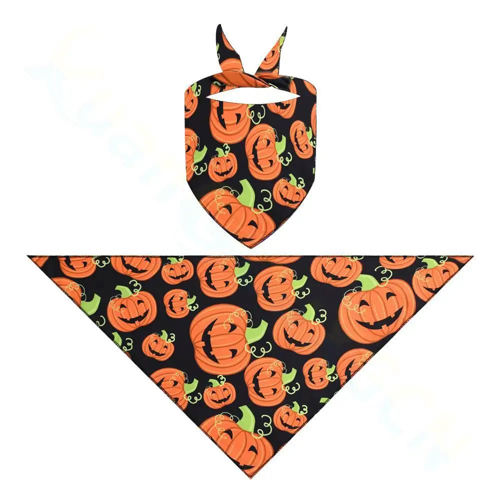 Halloween dog and cat bandana with orange pumpkin print on black, perfect for cute holiday pet costumes and parties.