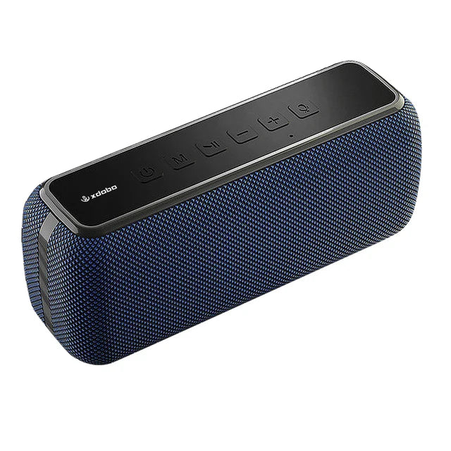 Blue Bluetooth speaker with top button controls and textured fabric speaker grille