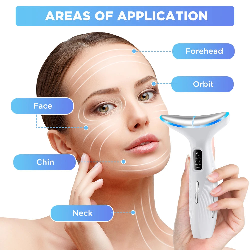 A white portable EMS massager with blue light head shown being used on a woman's face, neck, and chin areas.