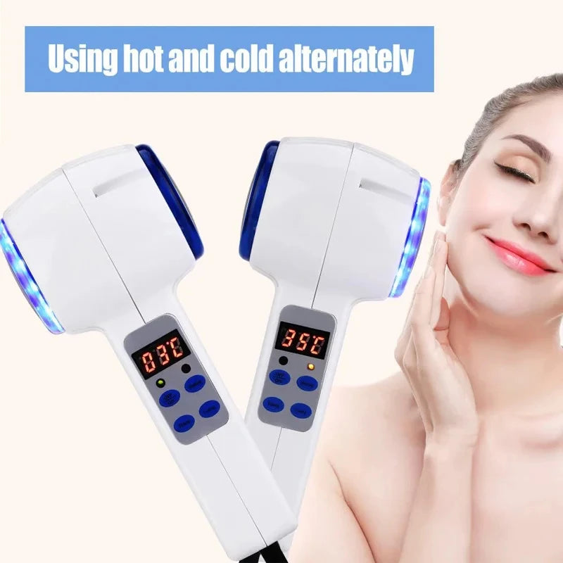 White and blue hammer-style face massager with a digital temperature display, being used by a woman on her face.