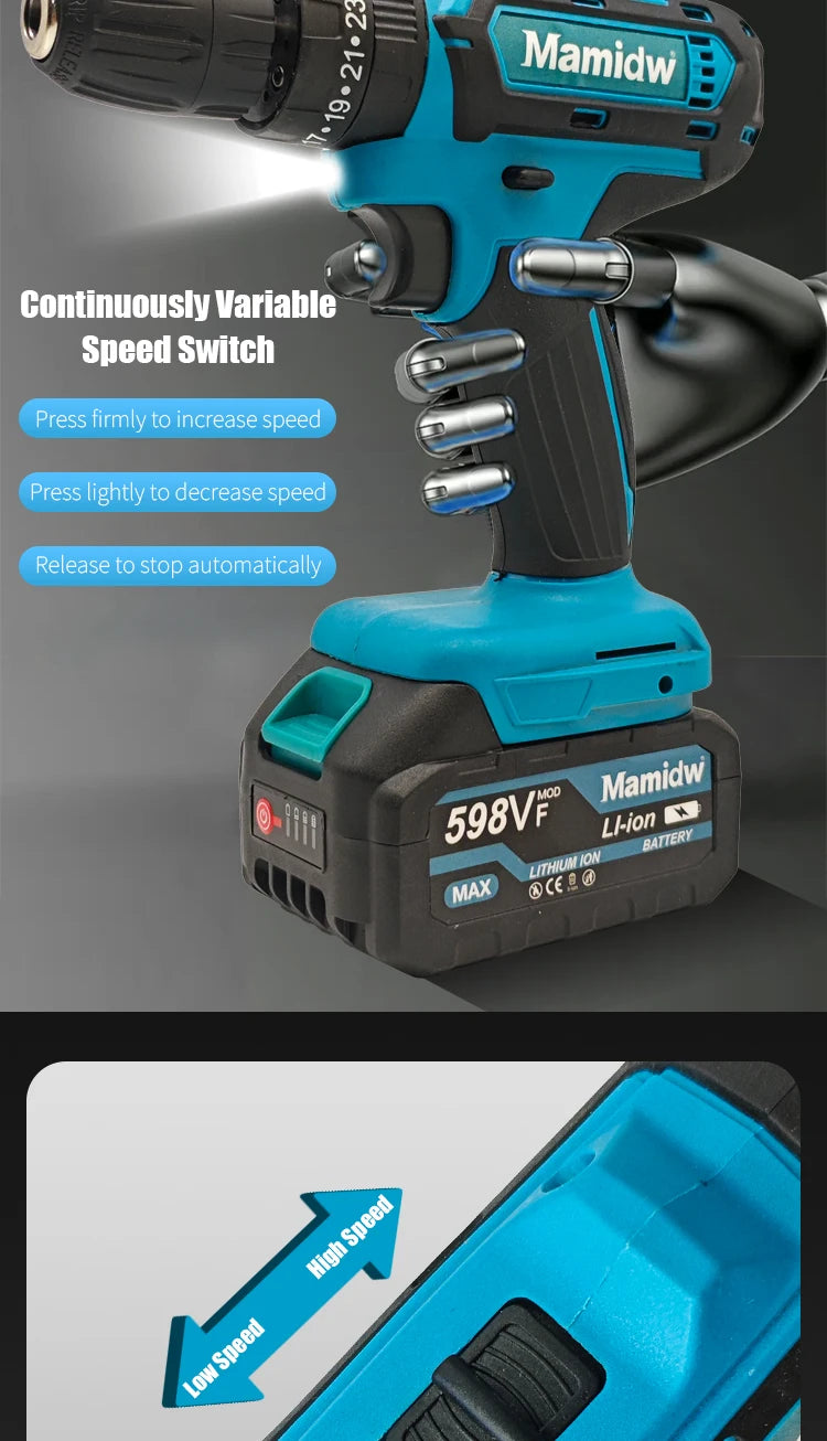 Mamidw Cordless Electric Drill 25N.M Max Torque 1150RPM 3/8 Inch 10mm Chuck Rechargeable Hand Drill for Household Furniture Assembly Wood Metal Drilling DIY Power Tools