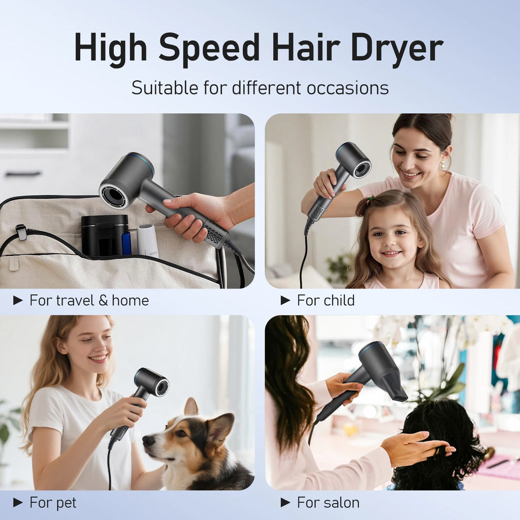 Grey 110k RPM high-speed ionic hair dryer with magnetic nozzles for fast, professional drying at home or salon.
