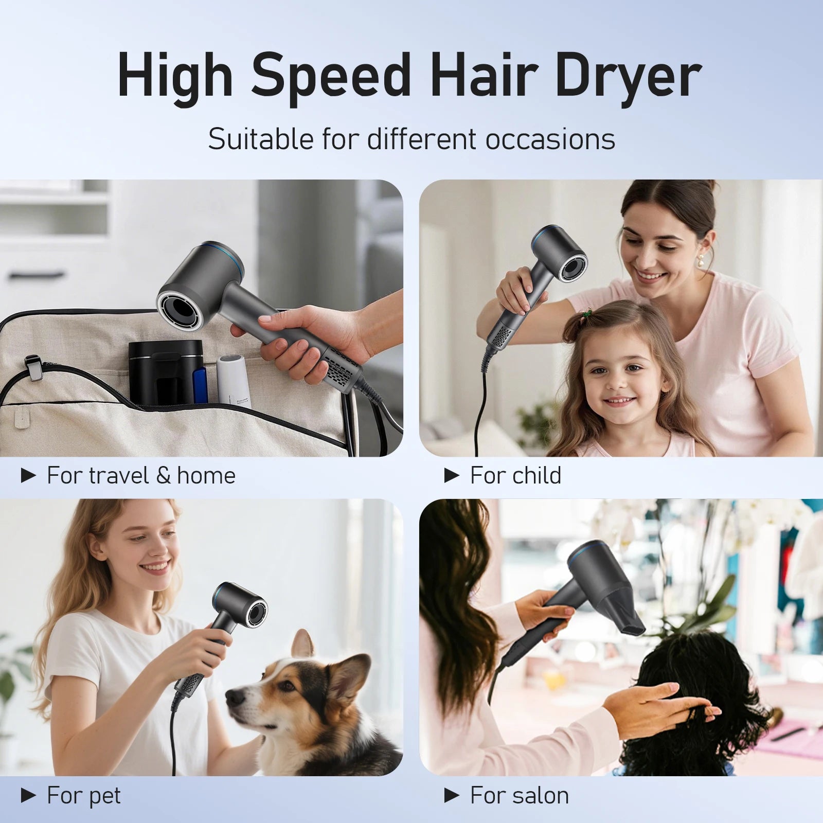 Grey 110k RPM high-speed ionic hair dryer with magnetic nozzles for fast, professional drying at home or salon.
