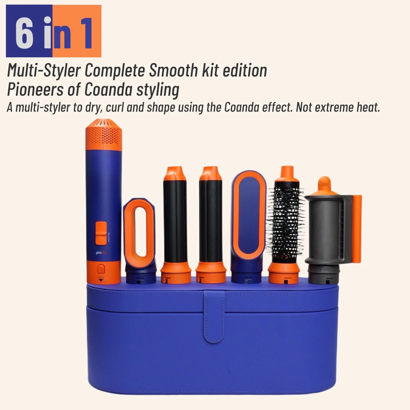 6-in-1 blue and orange hair styler set with curling barrels, hot air brush, and dryer in a storage case.