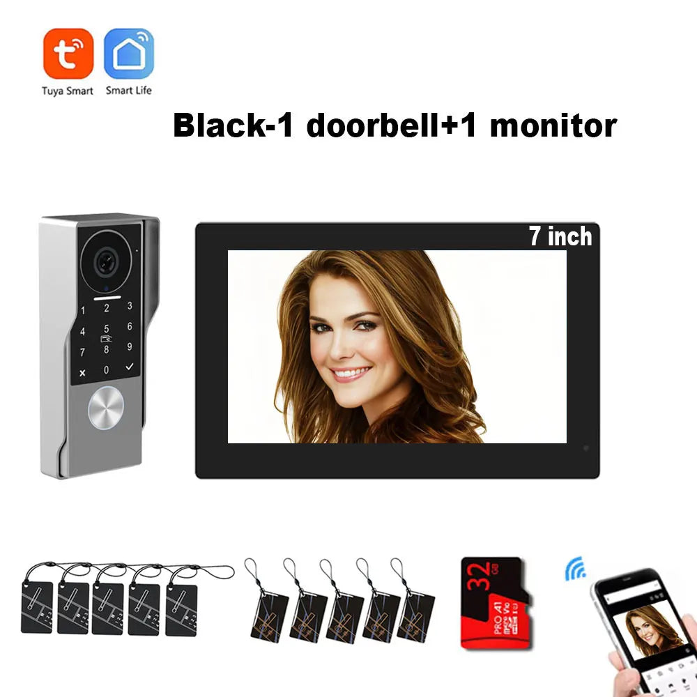 Black smart video doorbell kit with 7-inch monitor, keypad doorbell, and accessory cards