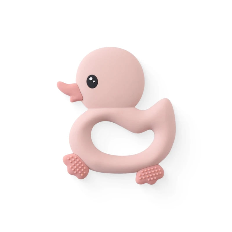 Pink silicone baby teething toy shaped like a duck for infant teething relief.