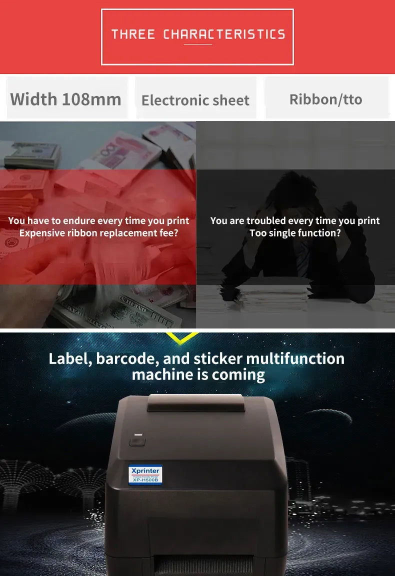 Black Xprinter multifunction sticker and barcode printer with top label output slot.