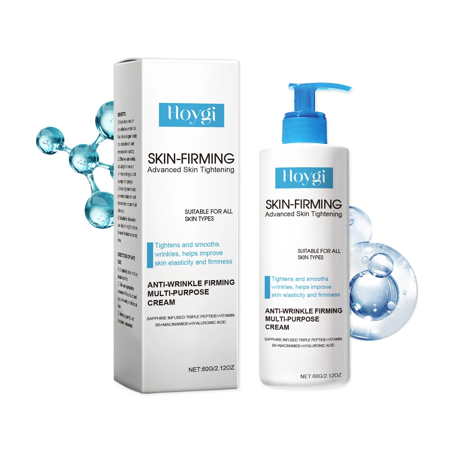 Hoygi skin-firming pump cream with box and blue pump, water-drop accents