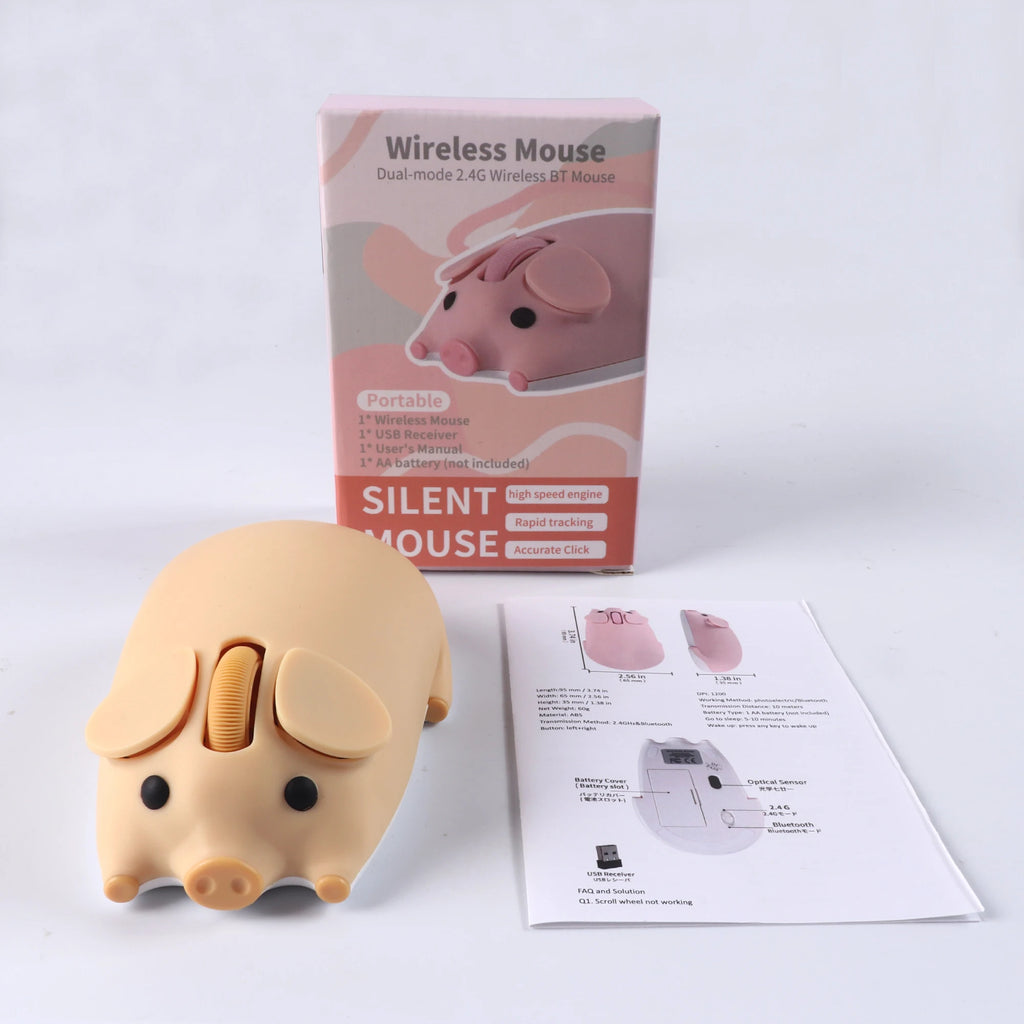 Cute 3D Little Pig Wireless Mouse 2.4G Bluetooth Dual-mode Silent For Women Office Laptop PC