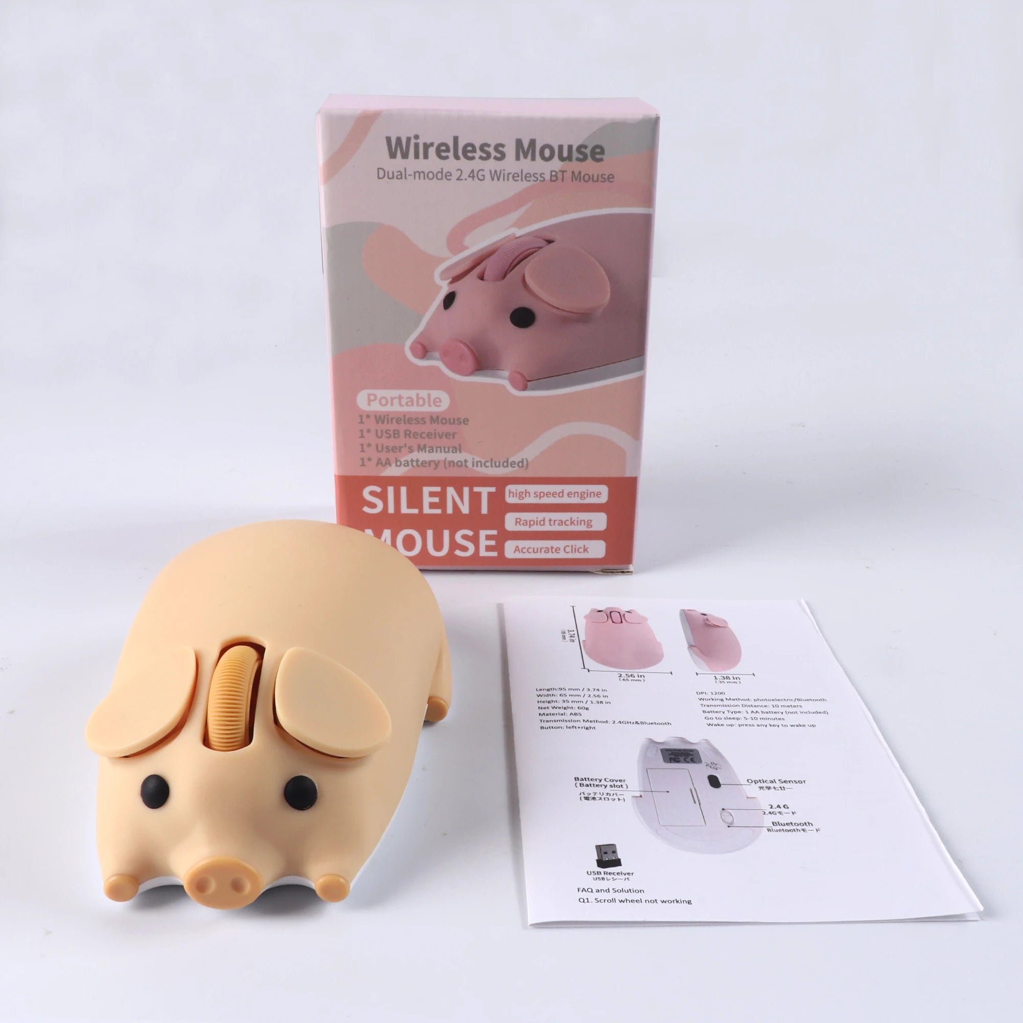 Cute 3D Little Pig Wireless Mouse 2.4G Bluetooth Dual-mode Silent For Women Office Laptop PC