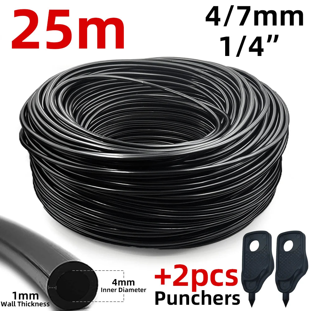 25m black 4/7mm 1/4-inch PVC hose coil with two black hole punchers