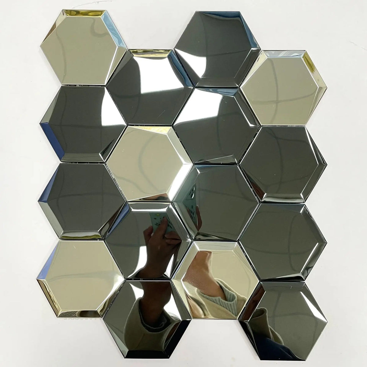 Hexagon self-adhesive metal mosaic tiles in dark gray and silver 3D finish