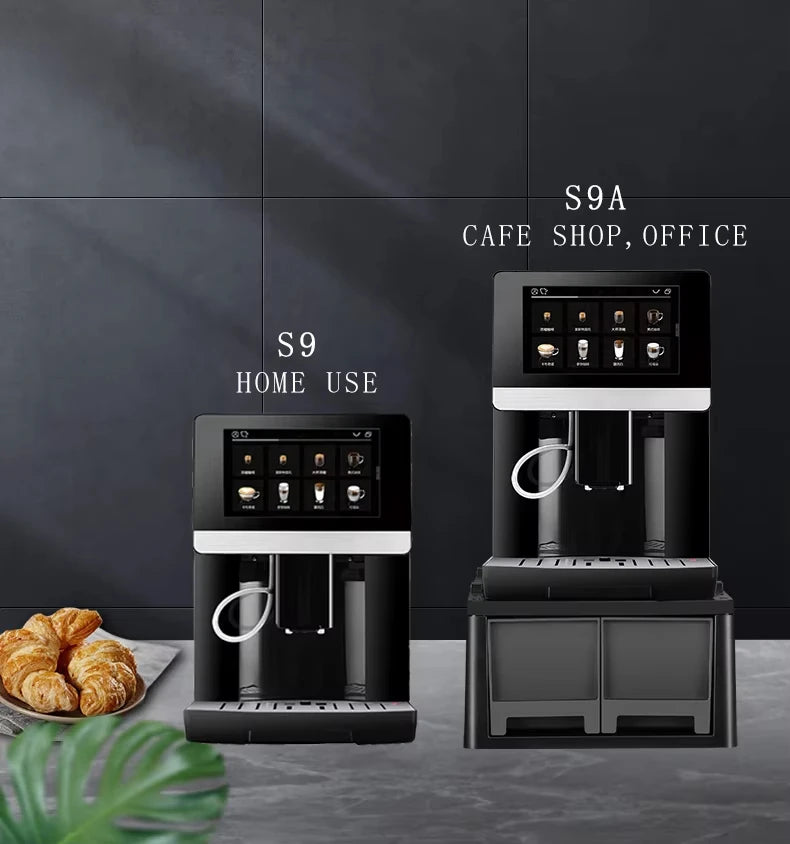 Black S9 and S9A commercial and home automatic coffee machines with touchscreen interfaces on a kitchen counter.